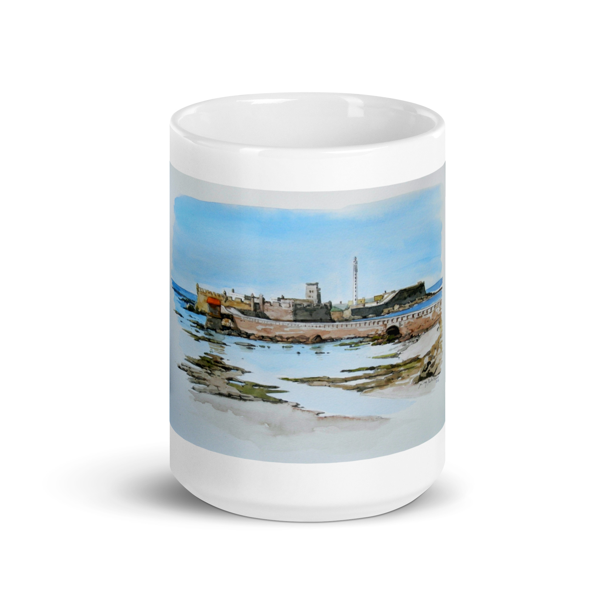 Castillo de San Sebastián/Faro de Cádiz, acuarela impresa sobre taza blanca brillante. - Imagen 10