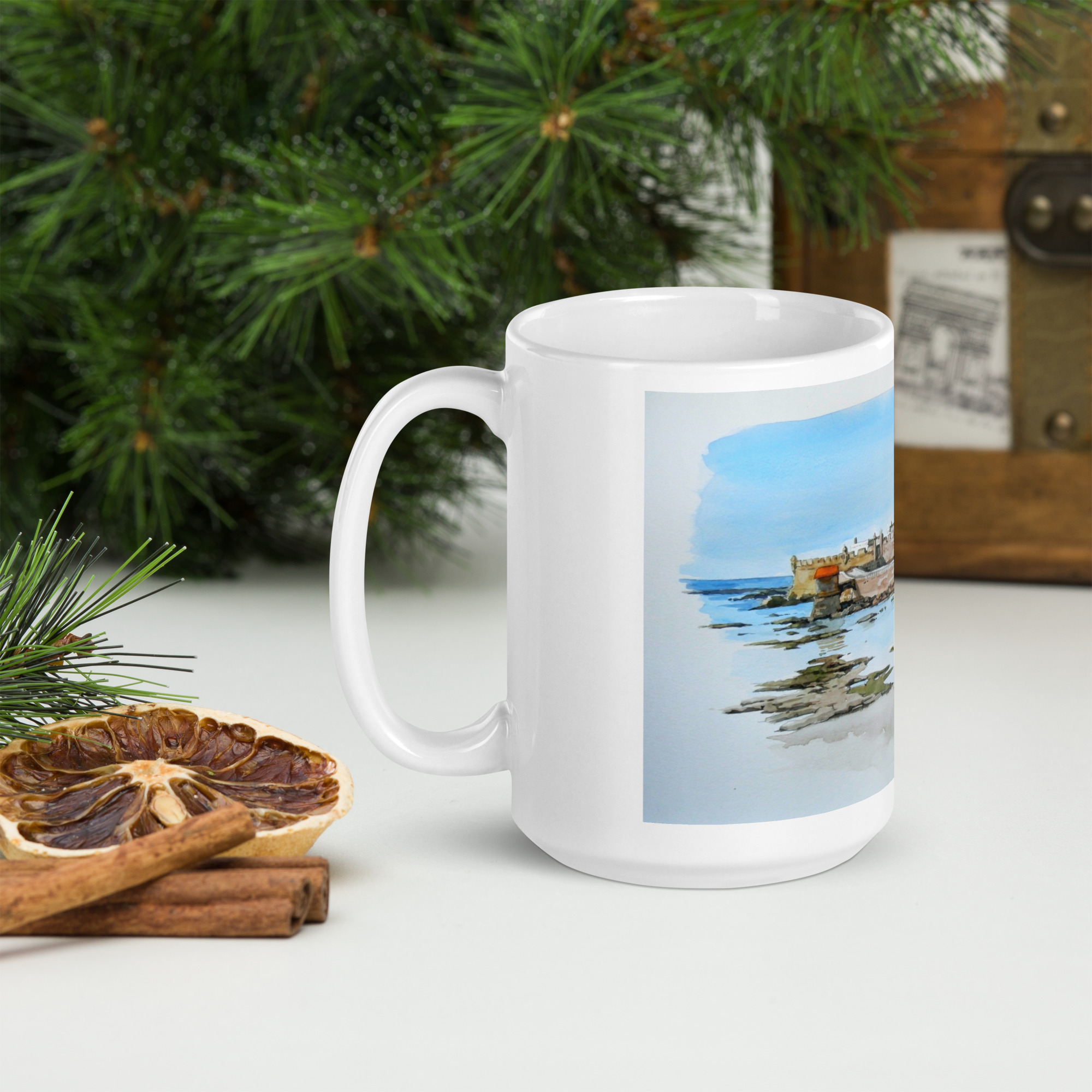 Castillo de San Sebastián/Faro de Cádiz, acuarela impresa sobre taza blanca brillante. - Imagen 12