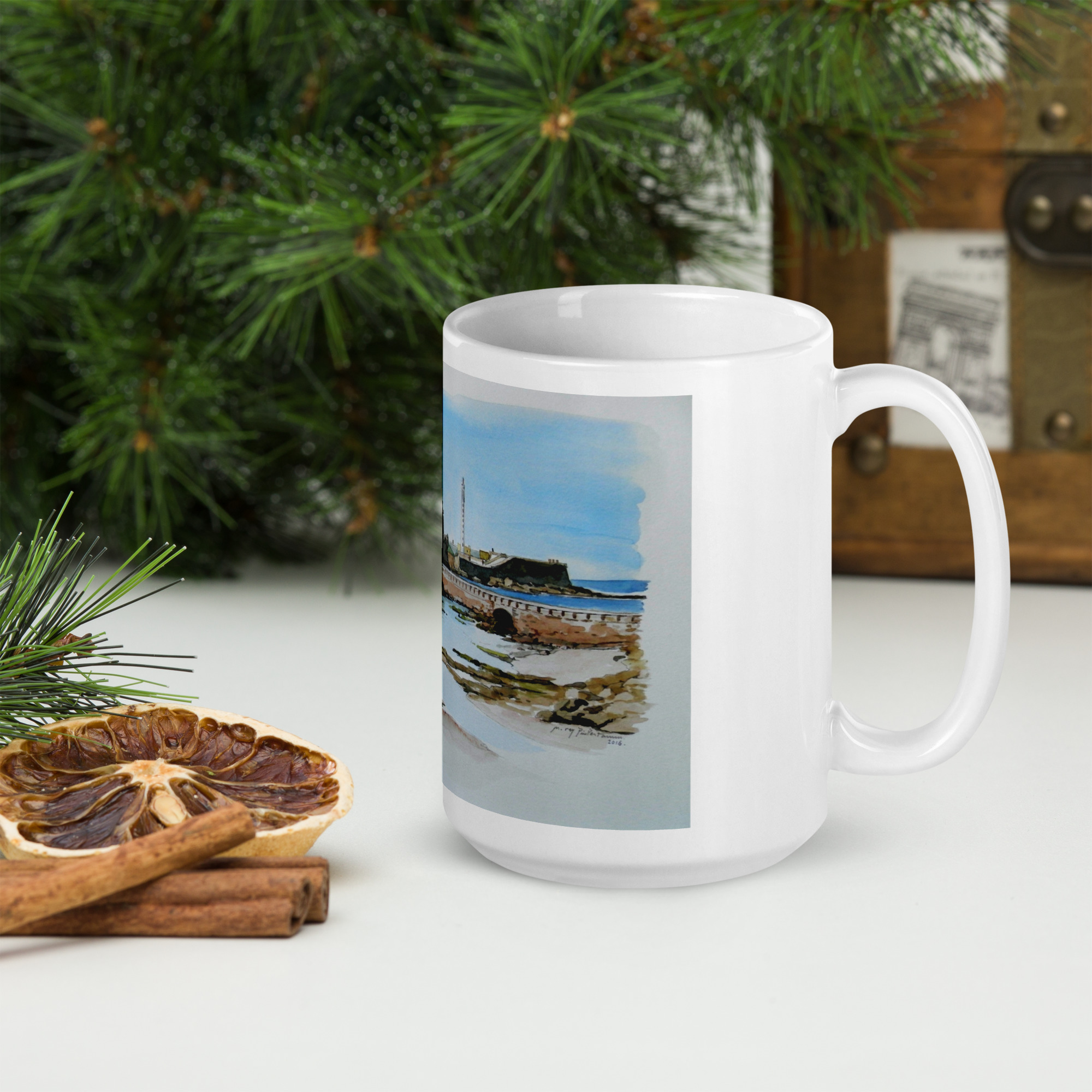 Castillo de San Sebastián/Faro de Cádiz, acuarela impresa sobre taza blanca brillante. - Imagen 13